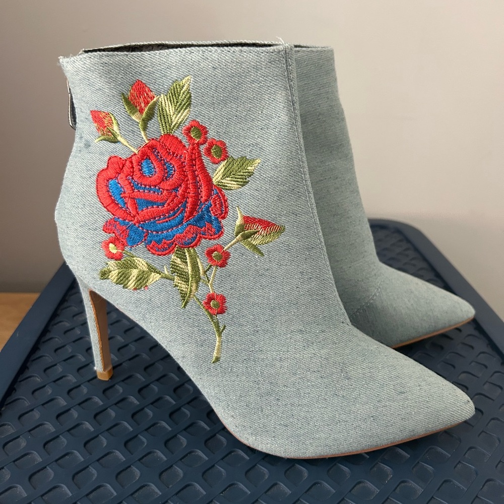 Embroidered Denim Ankle Boots